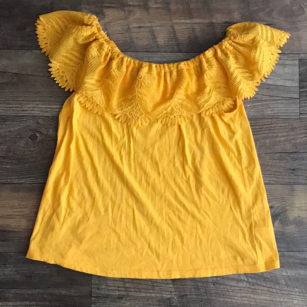 A New Day Yellow Off the Shoulder Lace Trim Top